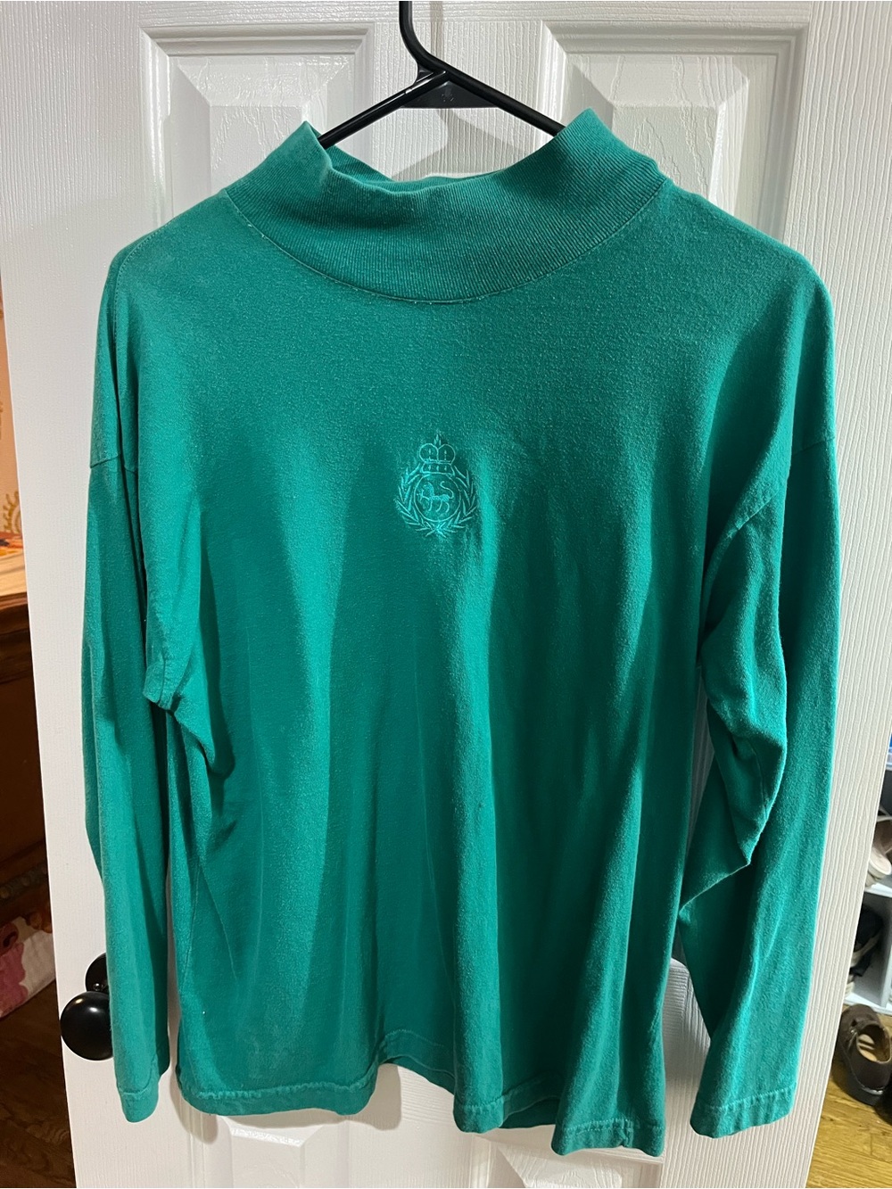 Men's Teal Long-Sleeve Mock Neck Shirt with Embroidered Crest Detail